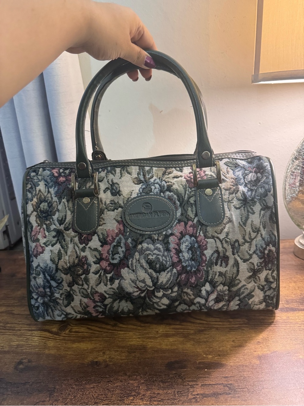 American Flyer Handbag Medium Floral Tapestry Green Trim Satchel